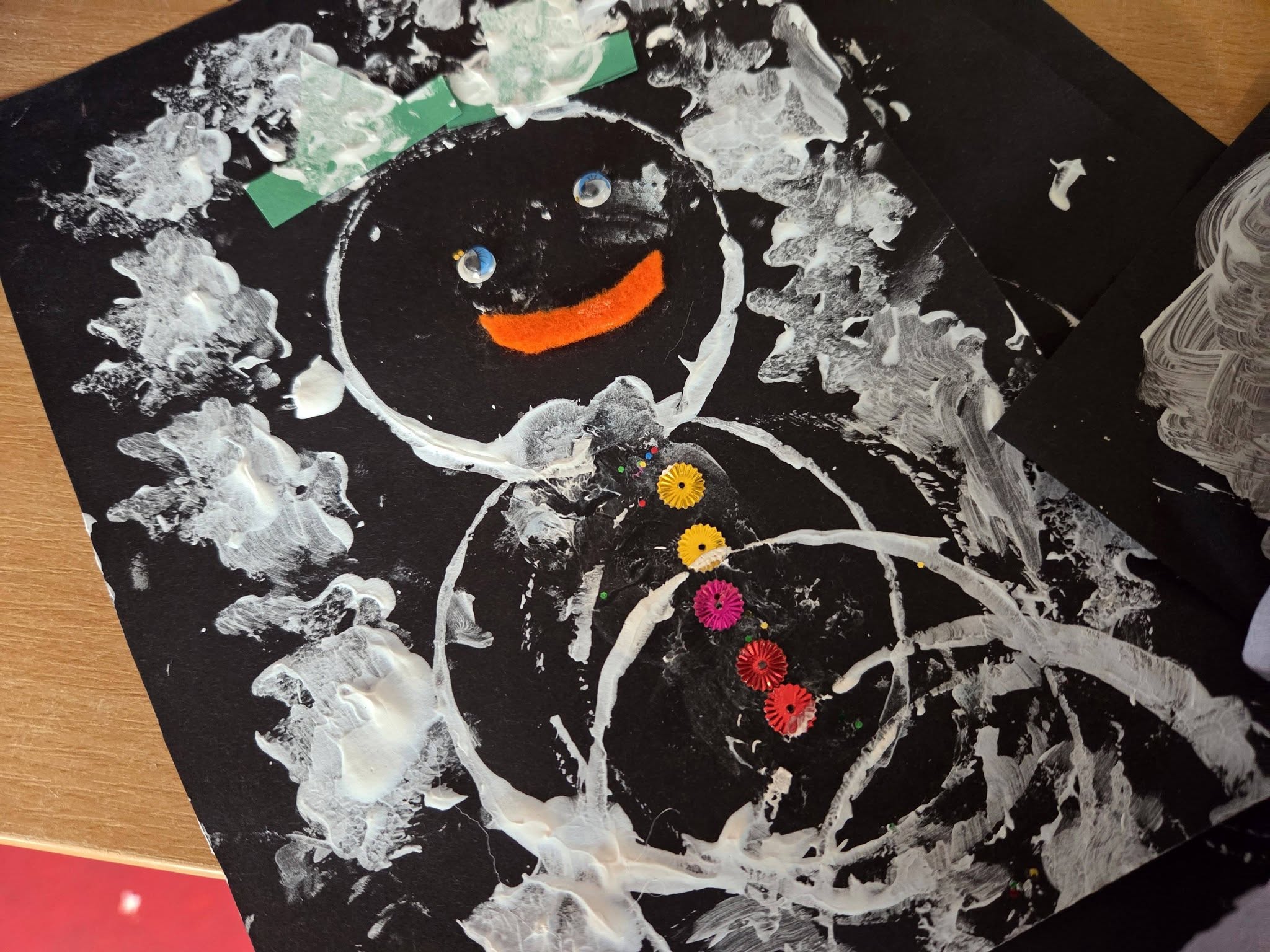 Children's snowman artwork at Greenbank Preschool